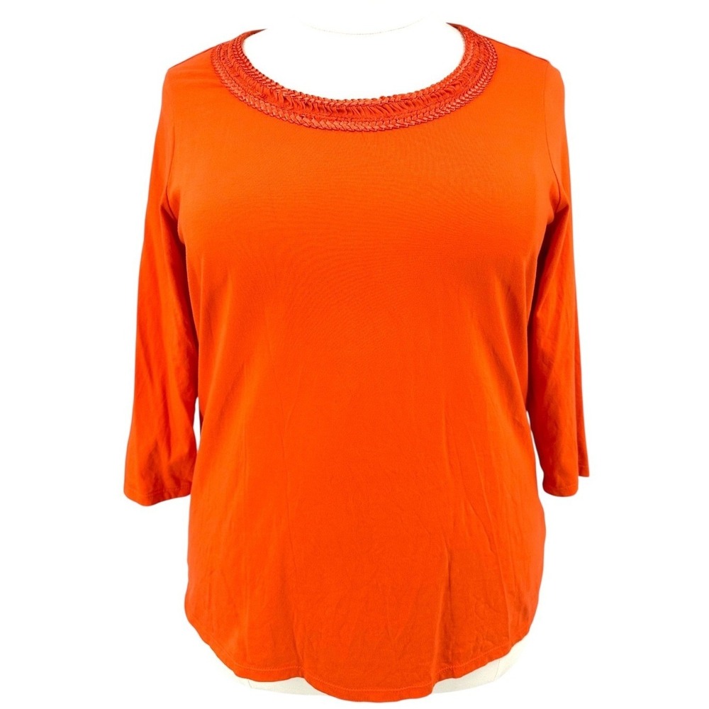 COLDWATER CREEK Supima Cotton Top Orange Braided Trim 3/4 Sleeve Women's 1X / 18